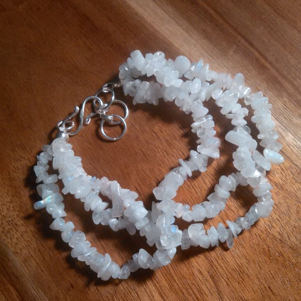 Rainbow Moonstone Sterling Silver Three Row Chips Bracelet (Size 7.25)